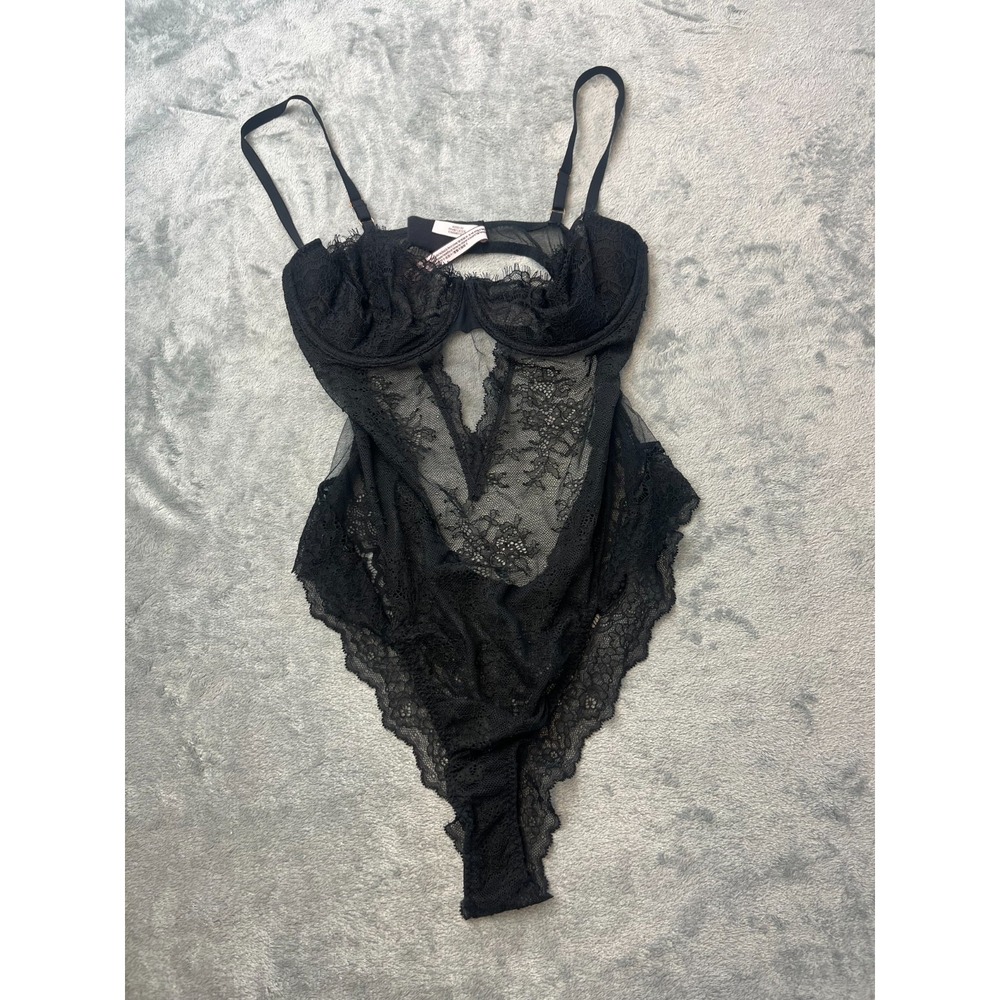 Victorias Secret Women's Black Sheer Lace Open Back Teddy Lingerie Bodysuit SZ L